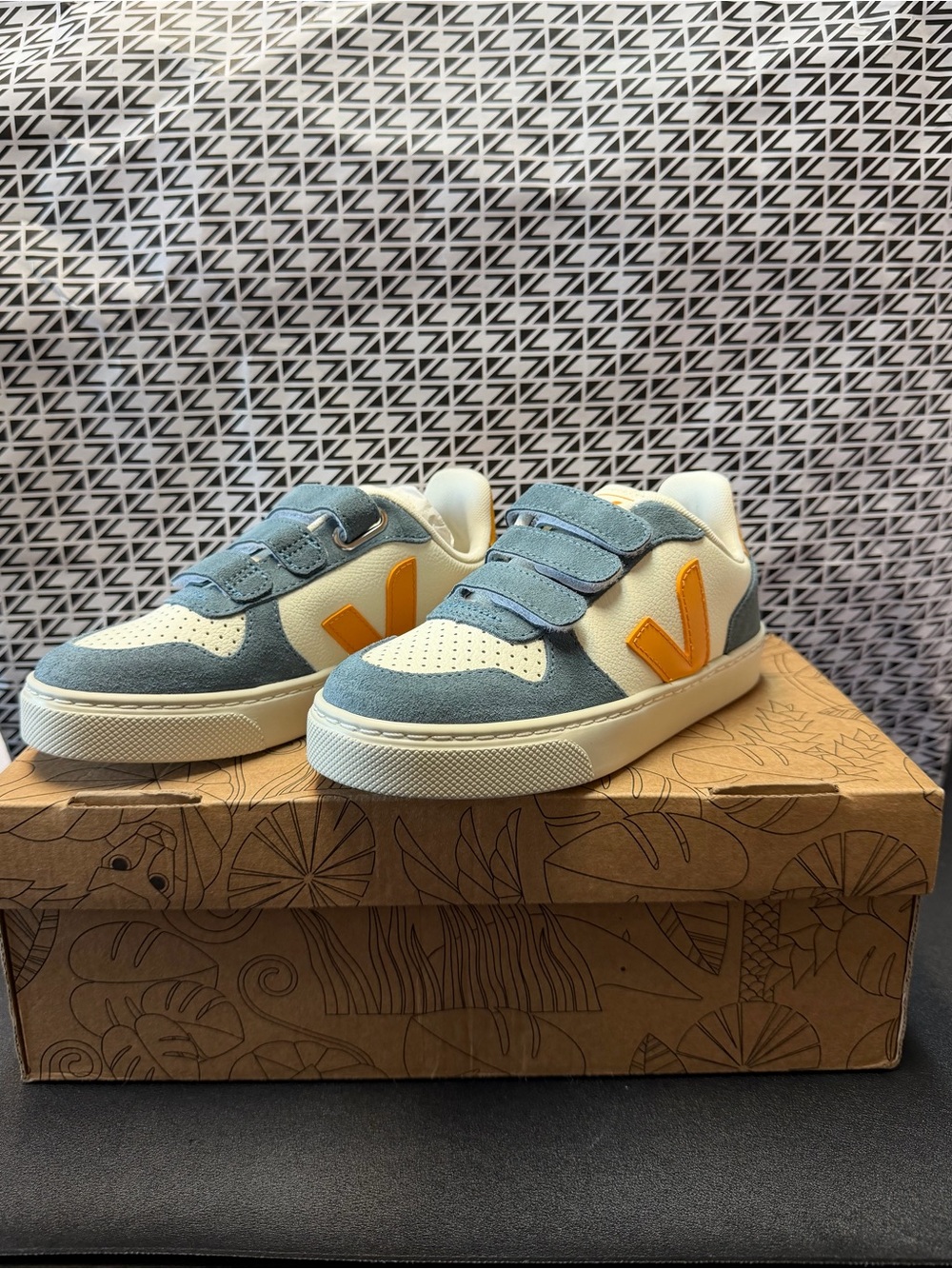 Veja Kids Blue and White Velcro Sneakers with Orange 'V'